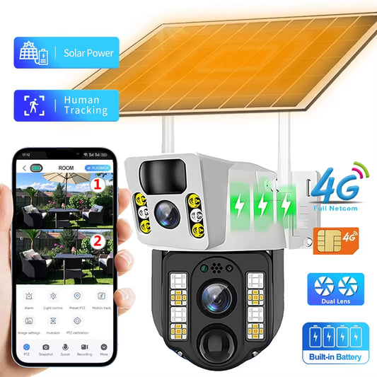 4G Solar Camera 4G SIM Card Wifi Dual Lens 8MP HD Night Vision IP CCTV Surveillance PTZ PIR Human Detection Alarm Waterproof