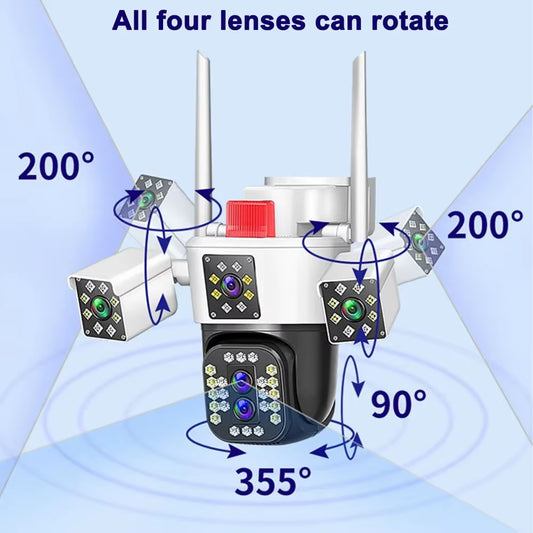 16MP 8K Wifi Security Cameras Four Len Three Screens 10X Zoom PTZ Video Cam Auto Tracking 6K Waterproof Outdoor Surveillance Cam