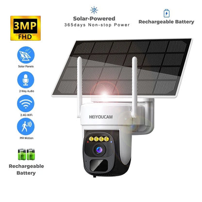 Security Cameras Wireless Outdoor, 2K Solar Security Camera Outdoor 360°PTZ, PIR Motion Detection,Color Night Vision, 2-Way Talk