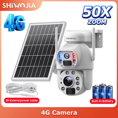 SHIWOJIA 50X ZOOM 12MP 4G Sim Solar Camera Outdoor 360° Wireless WIFI Battery Security Cameras Solar Panel PIR Night Vision