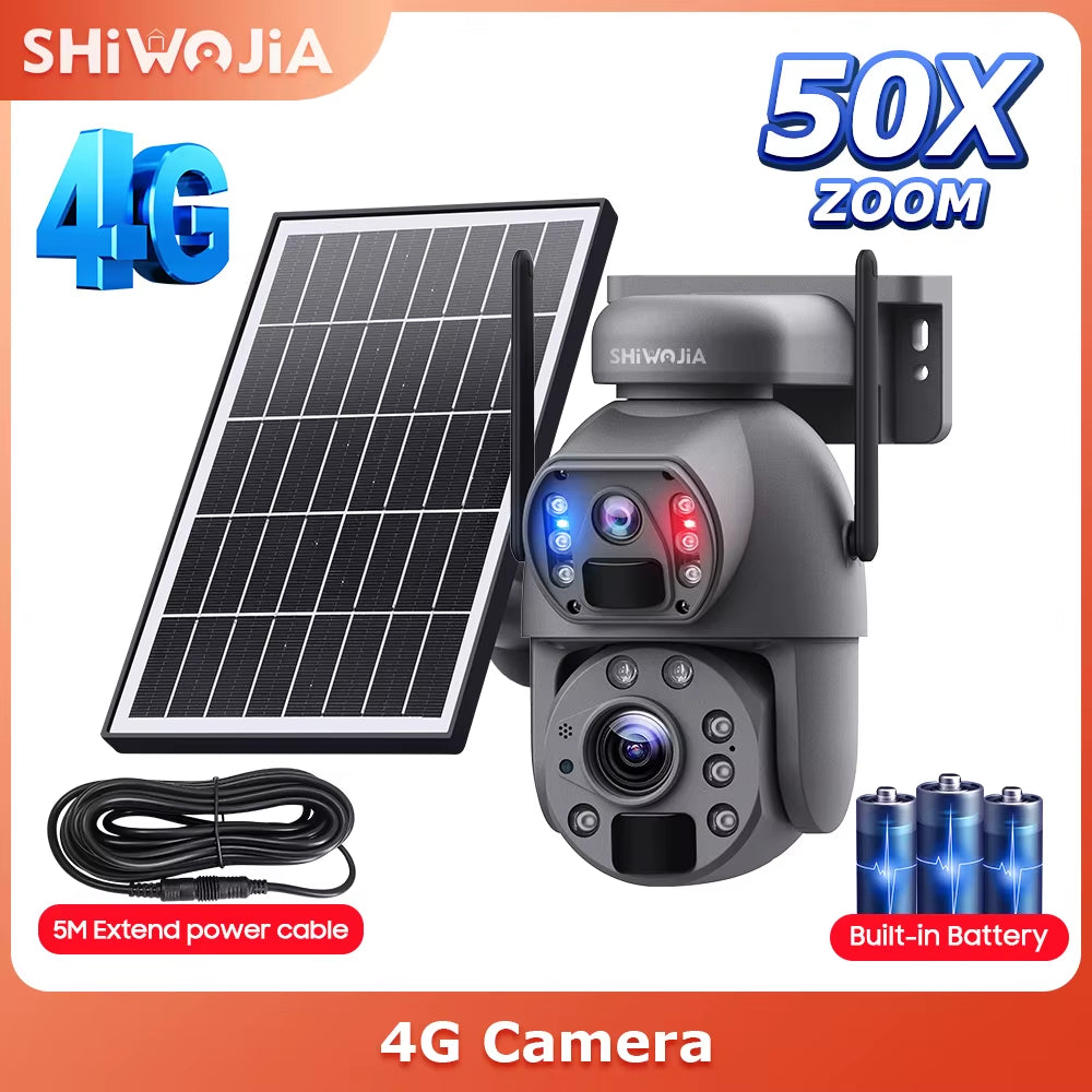 SHIWOJIA 50X ZOOM 12MP 4G Sim Solar Camera Outdoor 360° Wireless WIFI Battery Security Cameras Solar Panel PIR Night Vision