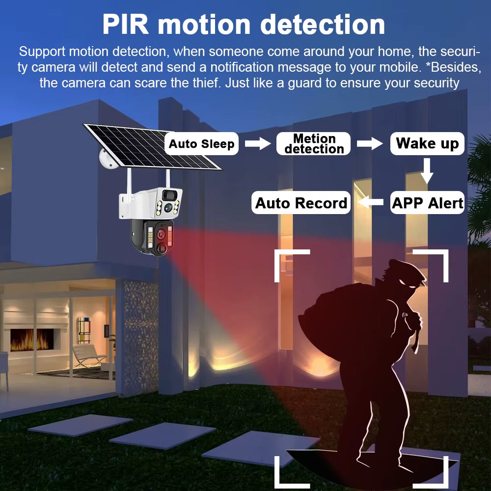 4G Solar Camera 4G SIM Card Wifi Dual Lens 8MP HD Night Vision IP CCTV Surveillance PTZ PIR Human Detection Alarm Waterproof