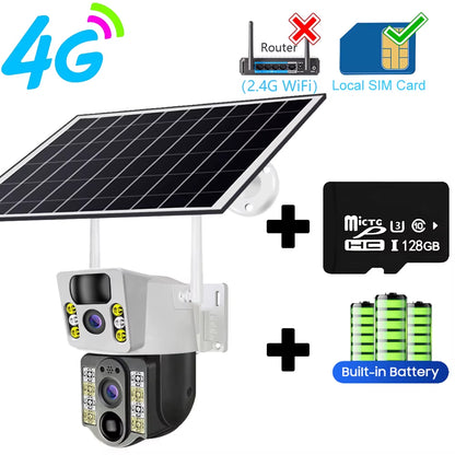 4G Solar Camera 4G SIM Card Wifi Dual Lens 8MP HD Night Vision IP CCTV Surveillance PTZ PIR Human Detection Alarm Waterproof