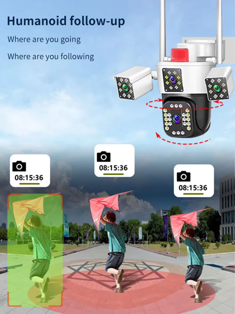 16MP 8K Wifi Security Cameras Four Len Three Screens 10X Zoom PTZ Video Cam Auto Tracking 6K Waterproof Outdoor Surveillance Cam