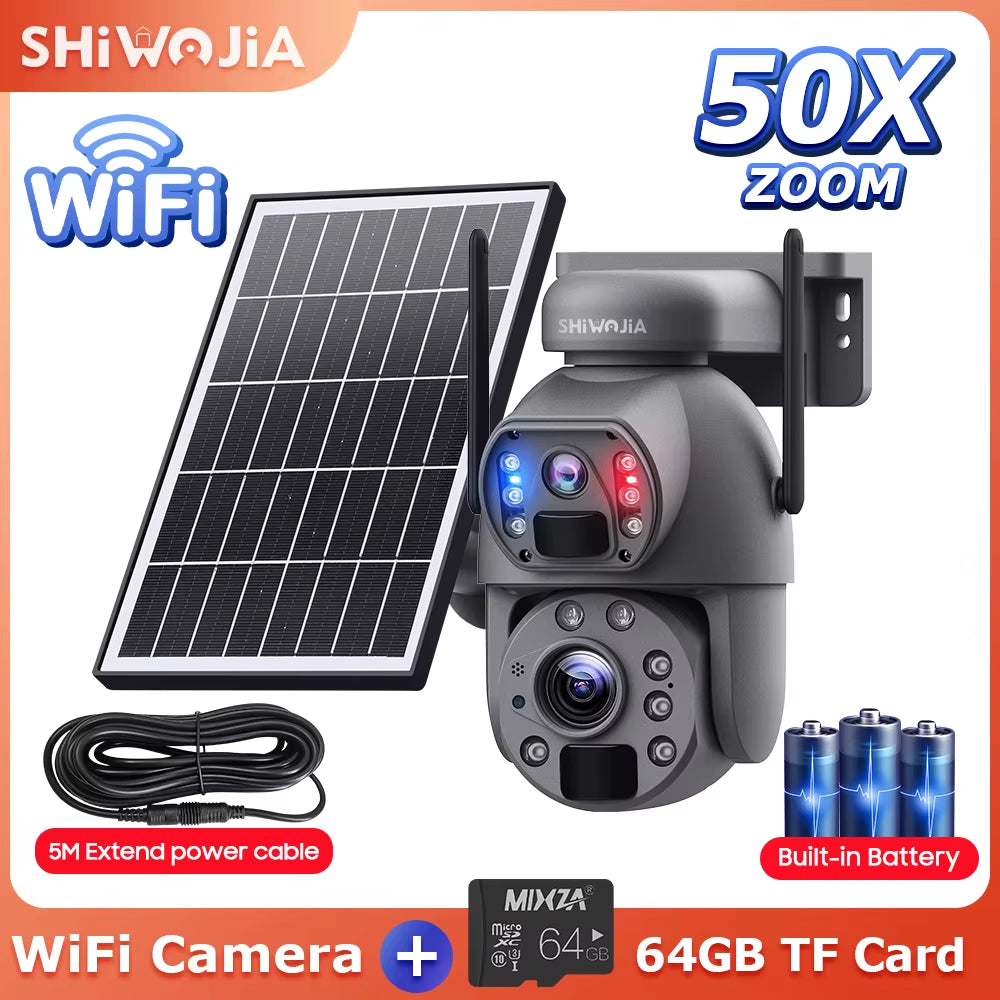 SHIWOJIA 50X ZOOM 12MP 4G Sim Solar Camera Outdoor 360° Wireless WIFI Battery Security Cameras Solar Panel PIR Night Vision
