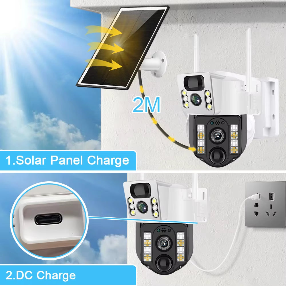 4G Solar Camera 4G SIM Card Wifi Dual Lens 8MP HD Night Vision IP CCTV Surveillance PTZ PIR Human Detection Alarm Waterproof