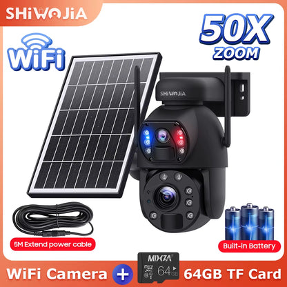 SHIWOJIA 50X ZOOM 12MP 4G Sim Solar Camera Outdoor 360° Wireless WIFI Battery Security Cameras Solar Panel PIR Night Vision
