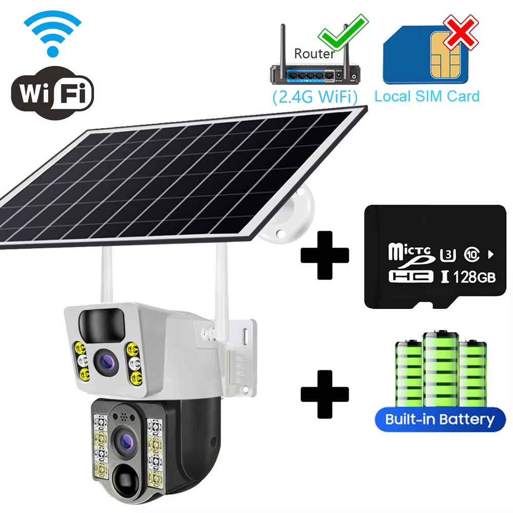 4G Solar Camera 4G SIM Card Wifi Dual Lens 8MP HD Night Vision IP CCTV Surveillance PTZ PIR Human Detection Alarm Waterproof