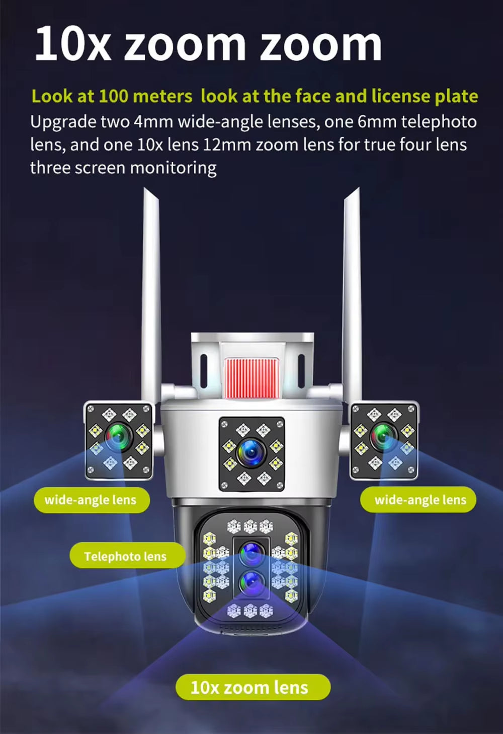 16MP 8K Wifi Security Cameras Four Len Three Screens 10X Zoom PTZ Video Cam Auto Tracking 6K Waterproof Outdoor Surveillance Cam