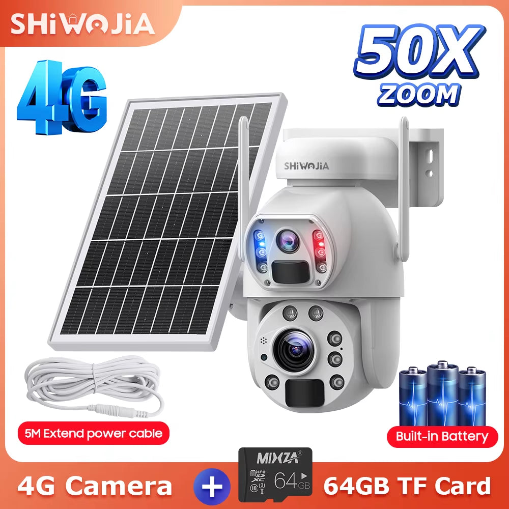 SHIWOJIA 50X ZOOM 12MP 4G Sim Solar Camera Outdoor 360° Wireless WIFI Battery Security Cameras Solar Panel PIR Night Vision
