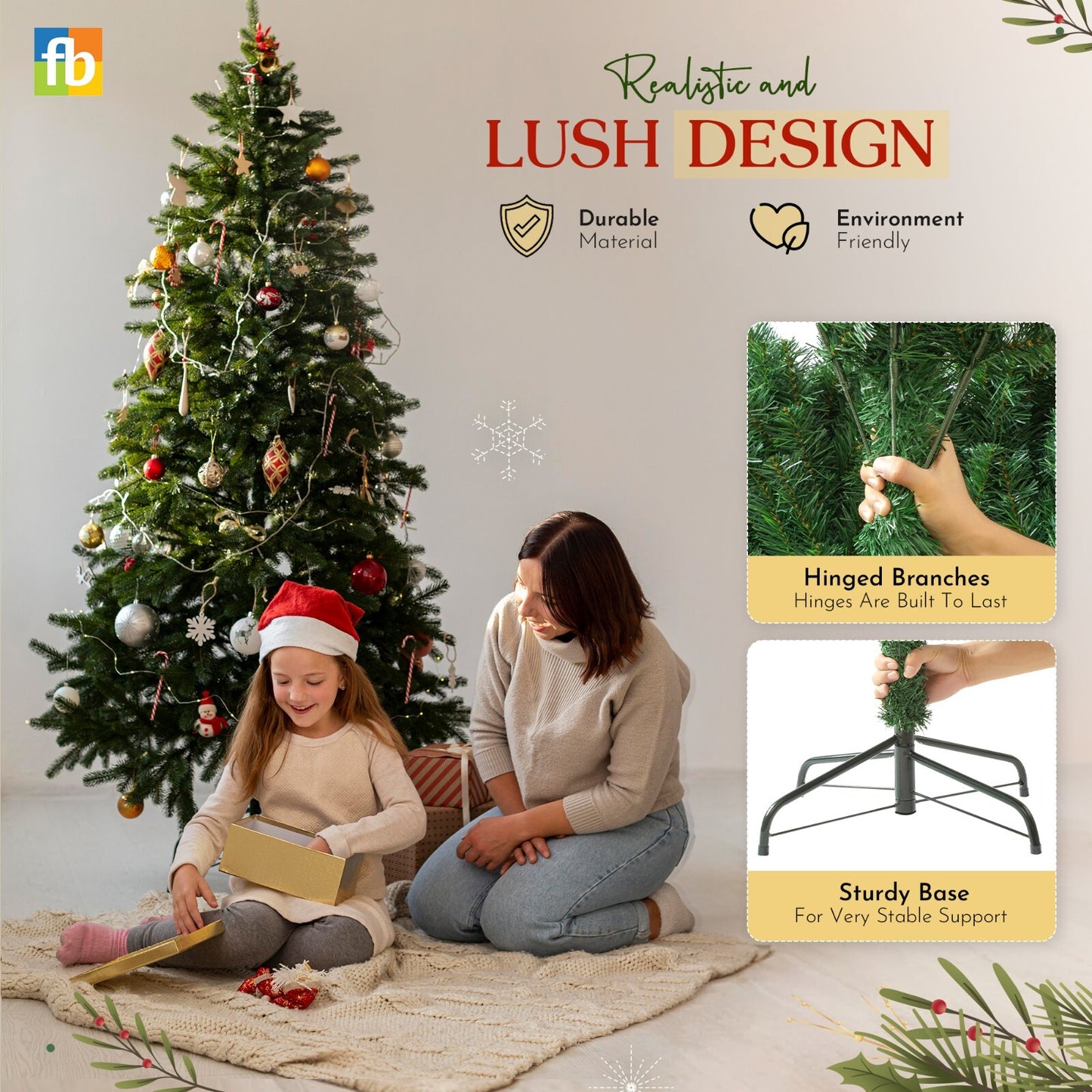 3FT-8FT Christmas Tree Pine Bushy Green Artificial Xmas Tree with Metal Stand UK