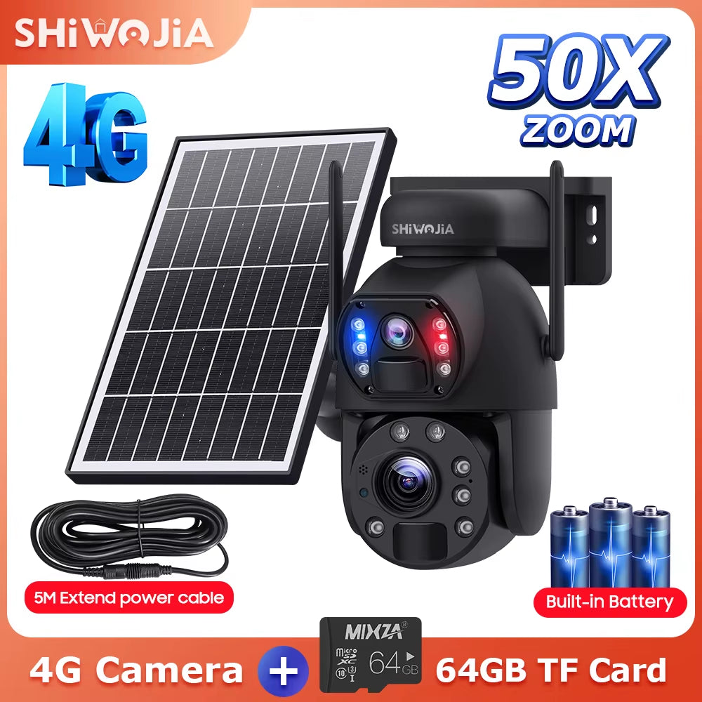 SHIWOJIA 50X ZOOM 12MP 4G Sim Solar Camera Outdoor 360° Wireless WIFI Battery Security Cameras Solar Panel PIR Night Vision