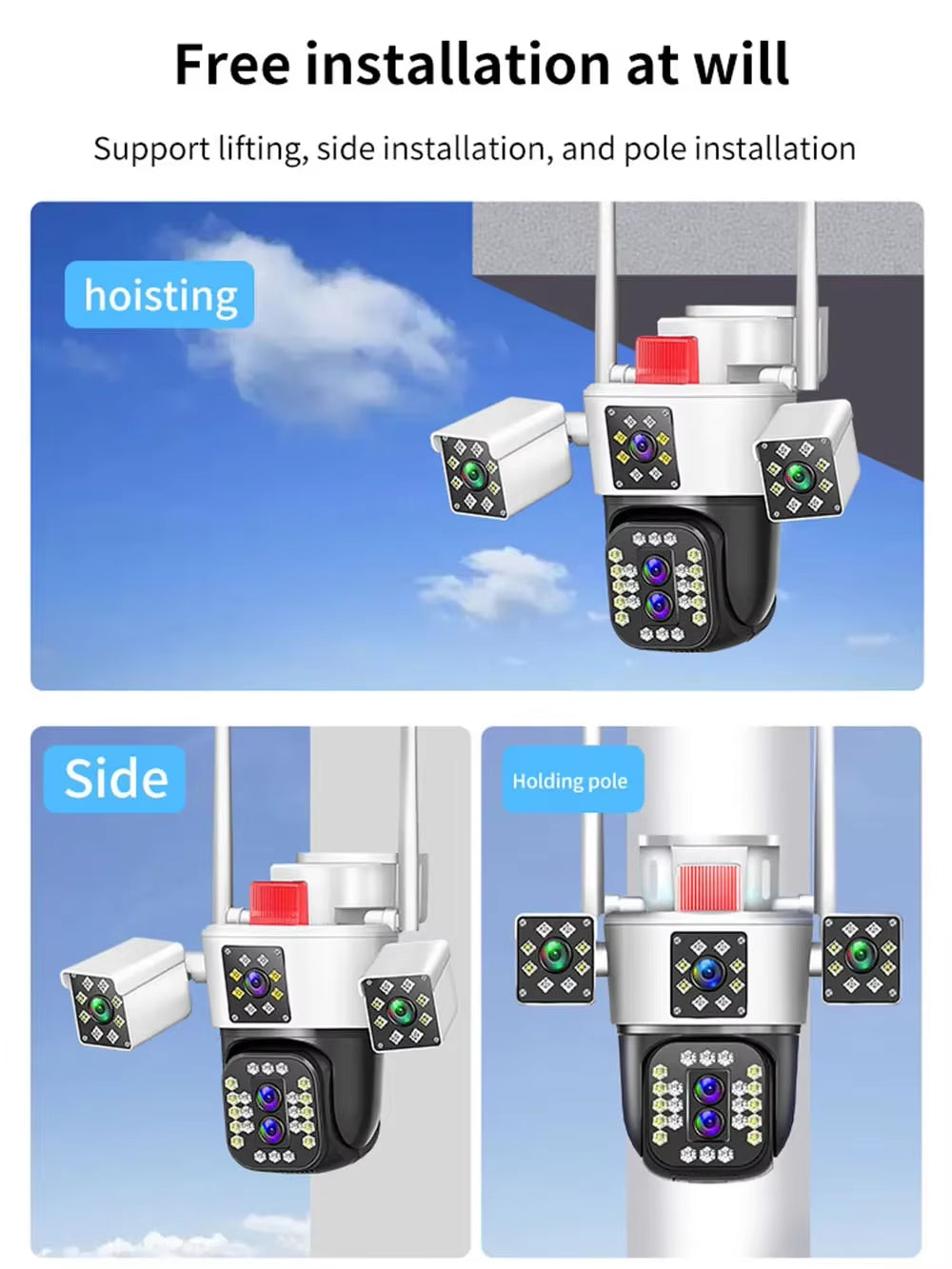 16MP 8K Wifi Security Cameras Four Len Three Screens 10X Zoom PTZ Video Cam Auto Tracking 6K Waterproof Outdoor Surveillance Cam