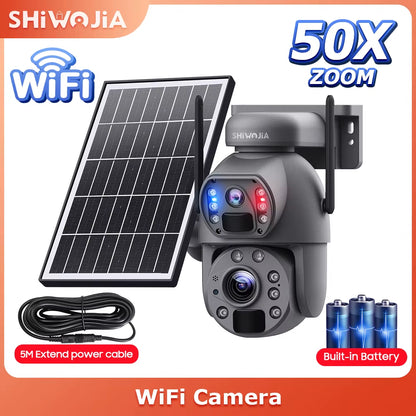 SHIWOJIA 50X ZOOM 12MP 4G Sim Solar Camera Outdoor 360° Wireless WIFI Battery Security Cameras Solar Panel PIR Night Vision