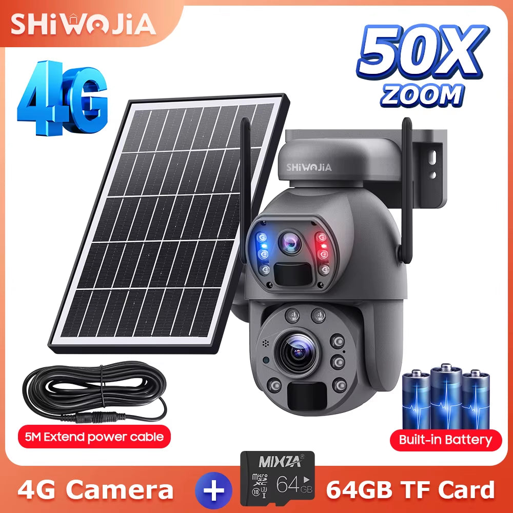 SHIWOJIA 50X ZOOM 12MP 4G Sim Solar Camera Outdoor 360° Wireless WIFI Battery Security Cameras Solar Panel PIR Night Vision