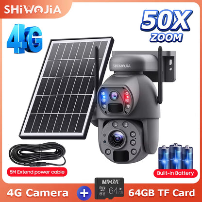 SHIWOJIA 50X ZOOM 12MP 4G Sim Solar Camera Outdoor 360° Wireless WIFI Battery Security Cameras Solar Panel PIR Night Vision