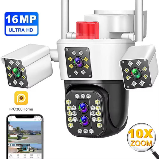 16MP 8K Wifi Security Cameras Four Len Three Screens 10X Zoom PTZ Video Cam Auto Tracking 6K Waterproof Outdoor Surveillance Cam