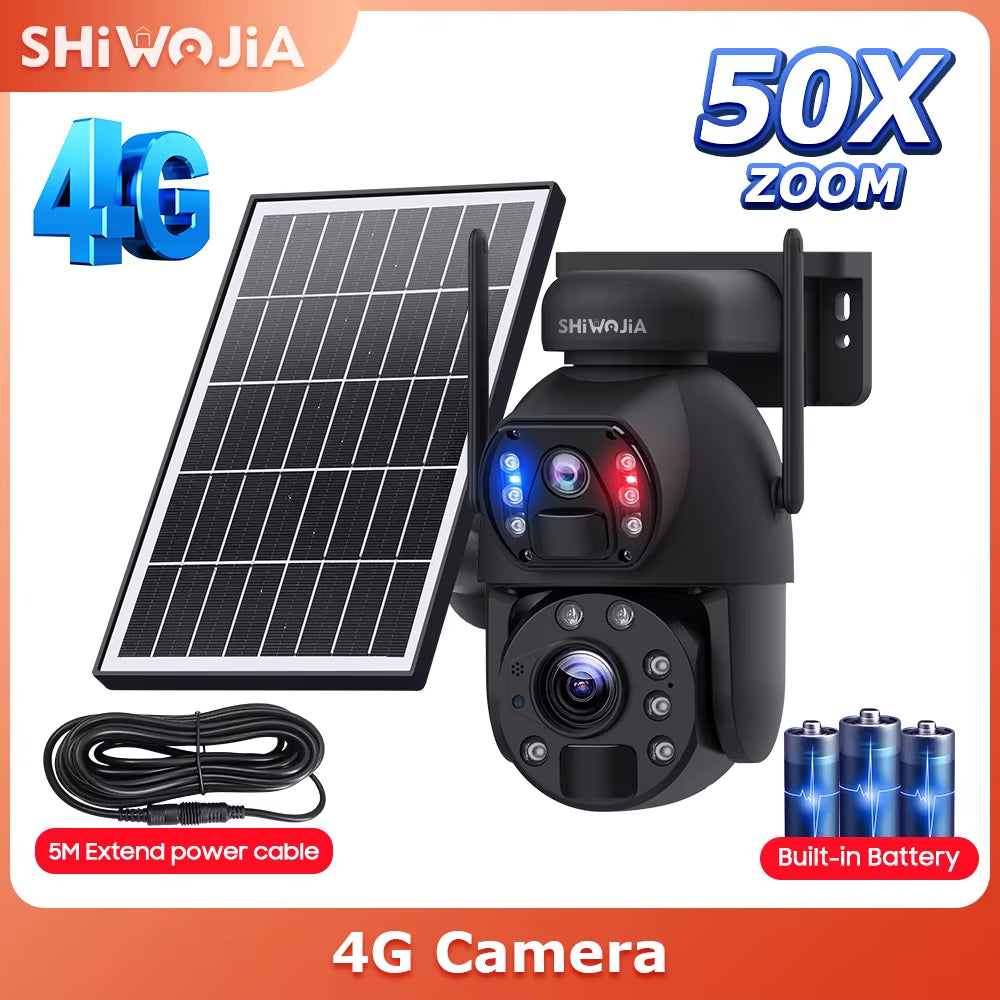 SHIWOJIA 50X ZOOM 12MP 4G Sim Solar Camera Outdoor 360° Wireless WIFI Battery Security Cameras Solar Panel PIR Night Vision