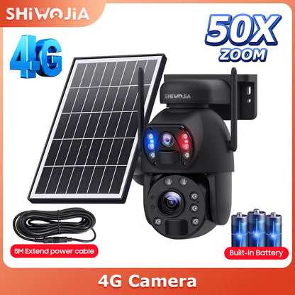 SHIWOJIA 50X ZOOM 12MP 4G Sim Solar Camera Outdoor 360° Wireless WIFI Battery Security Cameras Solar Panel PIR Night Vision