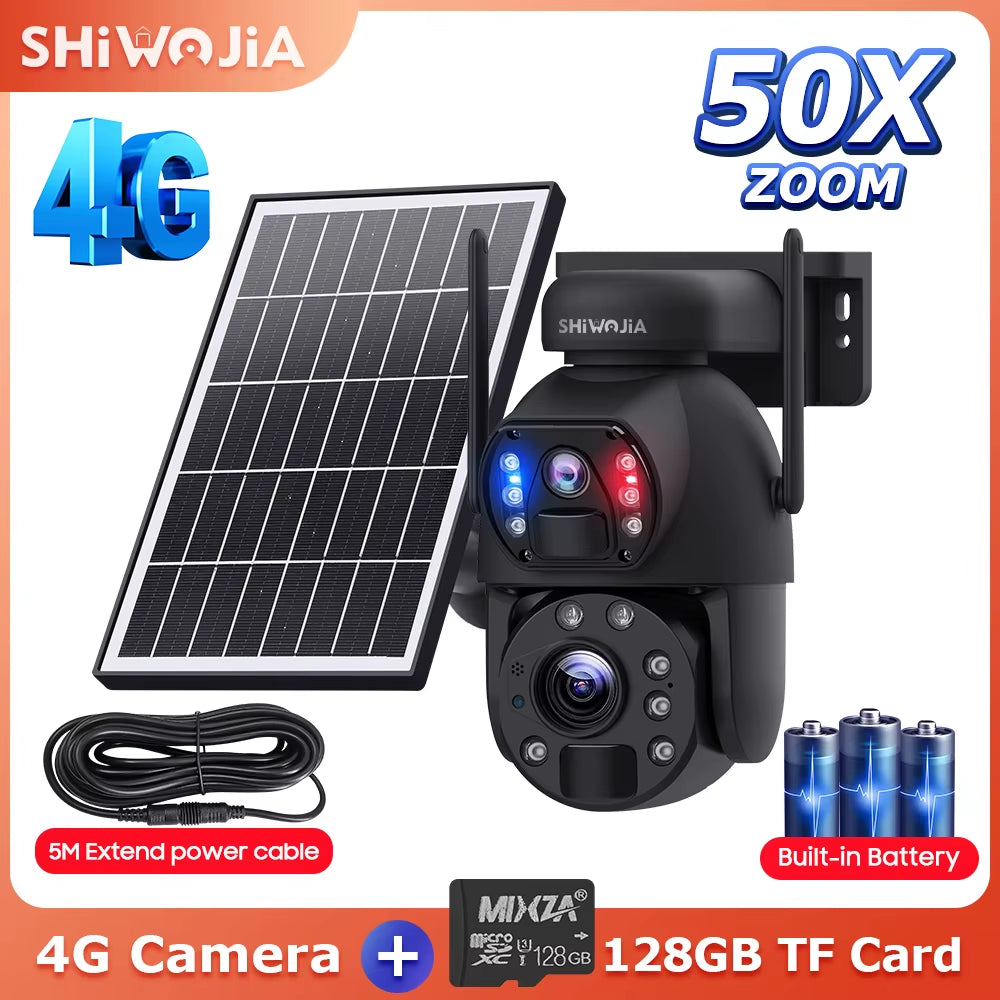 SHIWOJIA 50X ZOOM 12MP 4G Sim Solar Camera Outdoor 360° Wireless WIFI Battery Security Cameras Solar Panel PIR Night Vision